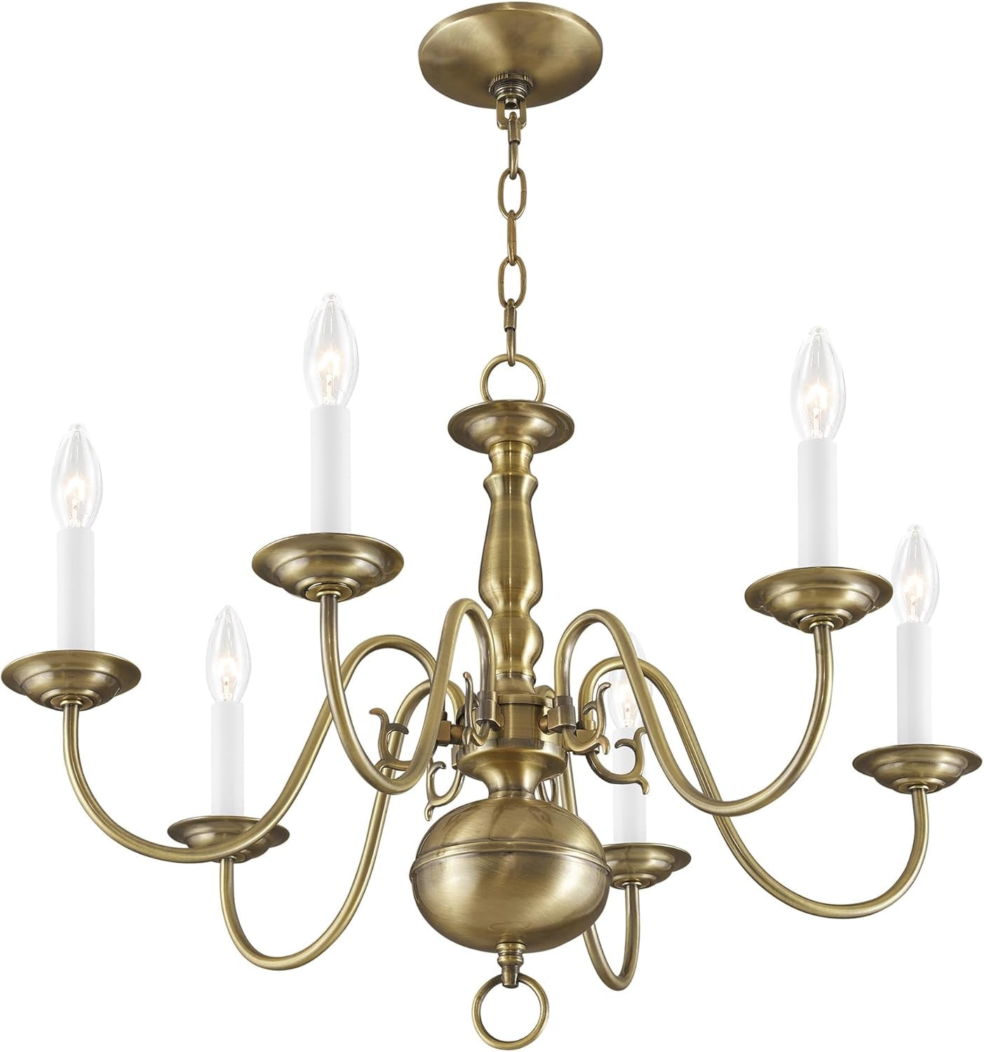 Gold chandelier with six candle-style lights on a white background