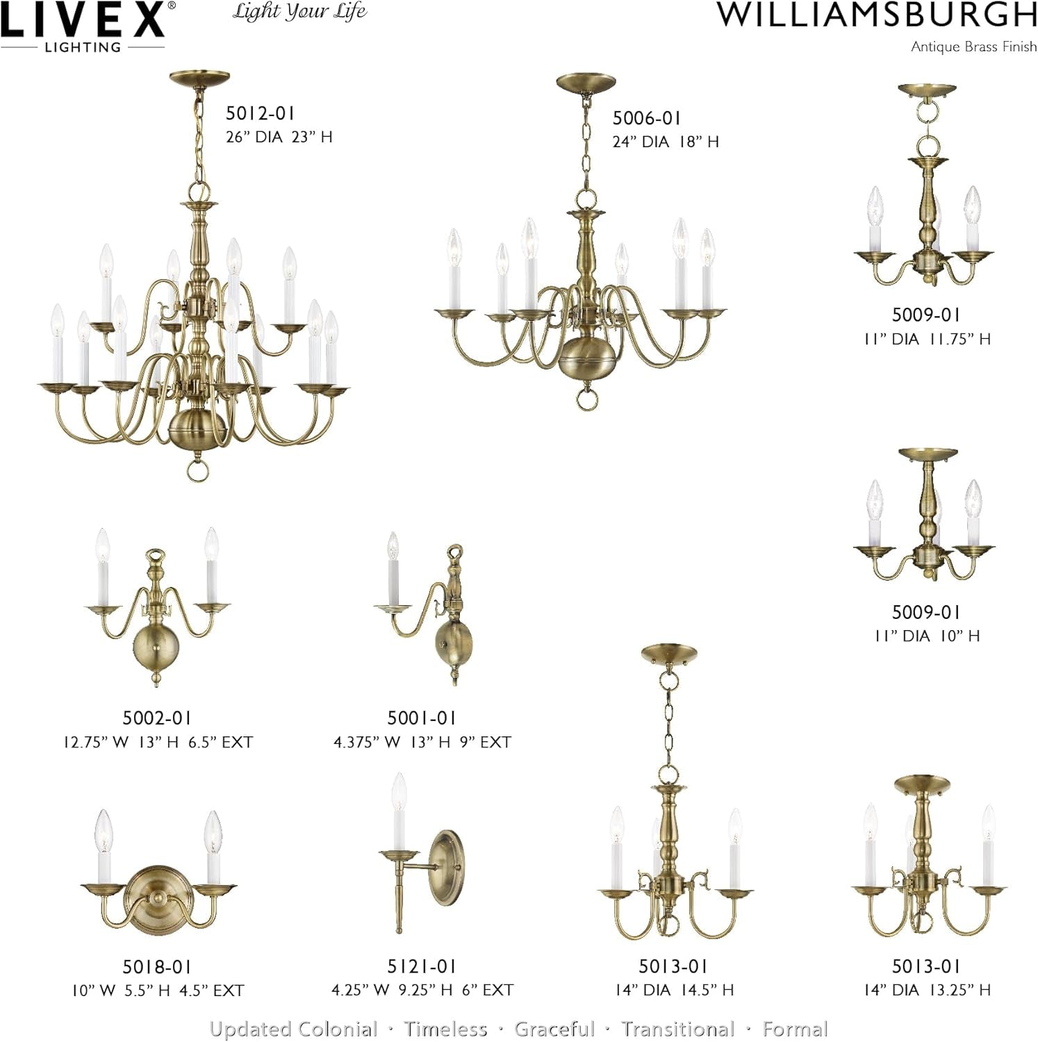 Collection of Livex Lighting chandeliers and wall sconces with dimensions on a white background.